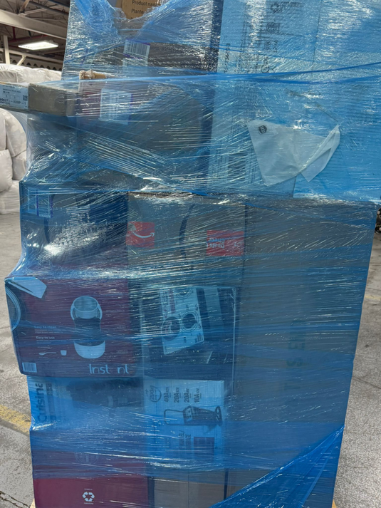 Bulk Amazon liquidation truckload in blue wrap with mixed general merchandise pallets