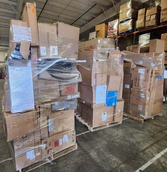 Amazon liquidation truckload featuring monster-size medium pallets of general merchandise
