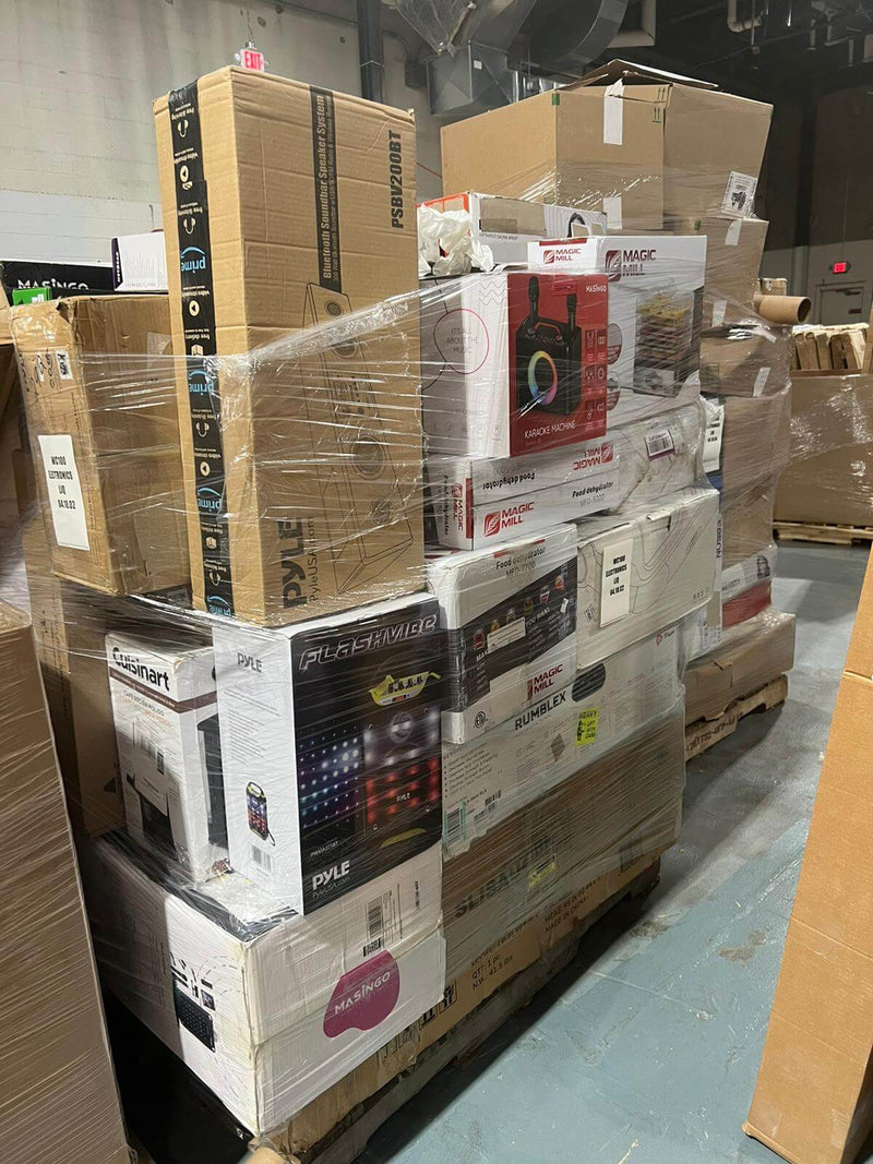 Load image into Gallery viewer, Truckload of small Amazon electronics including massagers, Bluetooth speakers, and air fryers