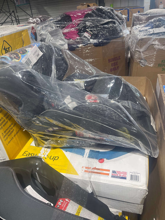 Bulk liquidation pallets of baby gear with top-selling essentials like playpens, strollers, and car seats