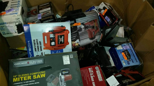 Wholesale truckload of Harbor Freight tool pallets with returns, closeouts, and shelf pulls