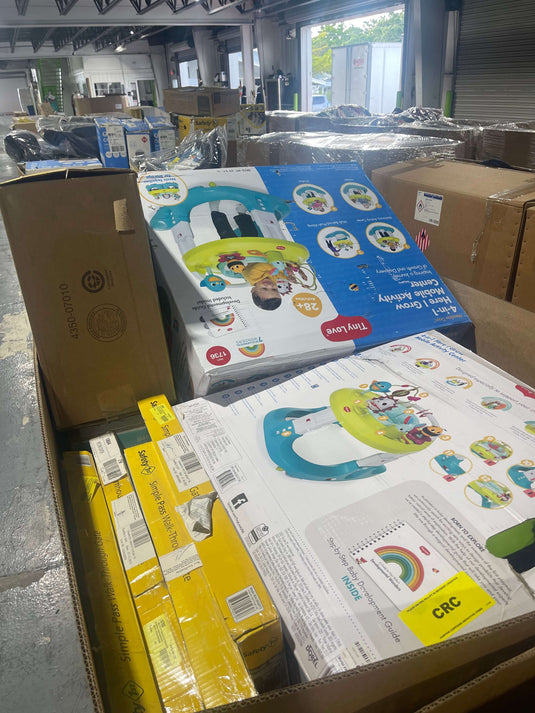 Wholesale baby products truckload including assorted strollers, high chairs, and car seats
