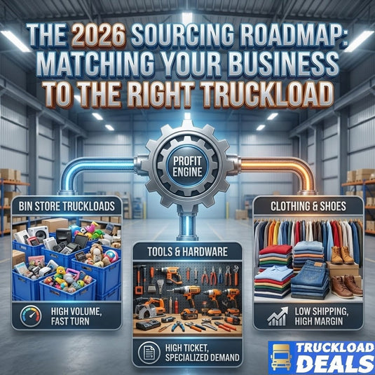 A professional warehouse setting for TruckloadDeals.com featuring organized pallets of liquidation inventory, including electronics and home goods, with a blue and white semi-truck being loaded in a high-velocity logistics environment.