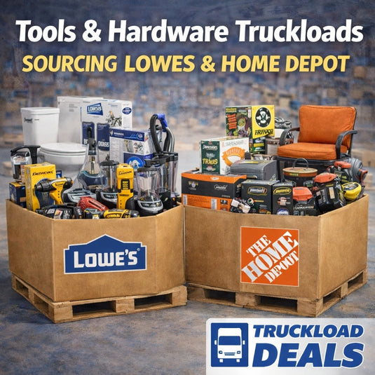 Tools and hardware truckloads with pallets of power tools, toilets, and patio items from Lowe’s and Home Depot.