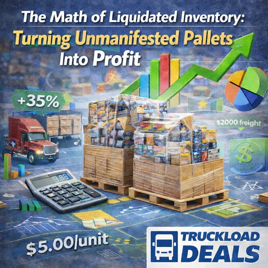 Graphic showing the math of liquidated inventory with unmanifested pallets, profit charts, and truckload freight visuals