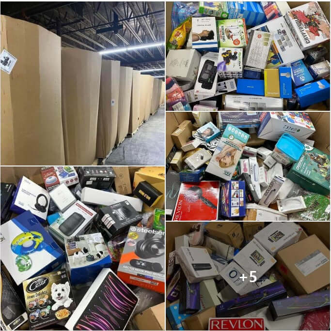 Amazon high piece count bin store truckload with 7-foot tall pallets filled with assorted merchandise