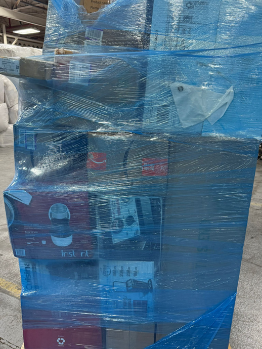 Bulk Amazon liquidation truckload in blue wrap with mixed general merchandise pallets