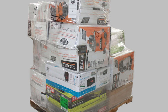 Bulk Home Depot liquidation pallets with assorted tools and hardware in truckload quantity