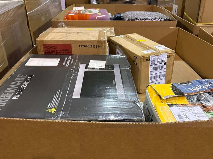 Kohl’s overstock truckload with assorted home essentials, bedding sets, and kitchenware